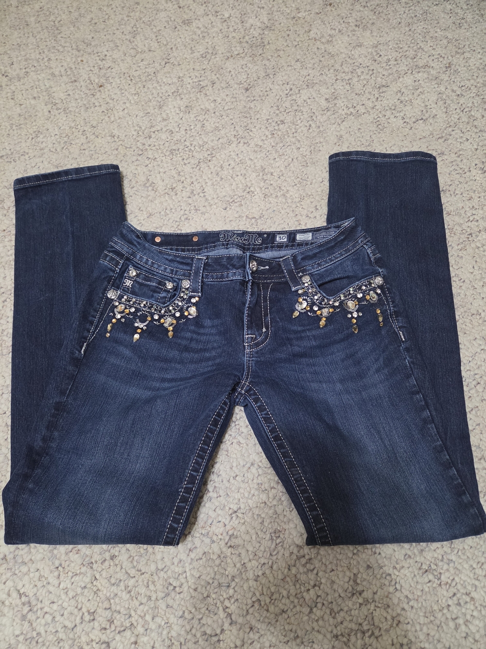 Miss Me Dark Blue Straight Leg Jeans with Pocket Jewel Accents